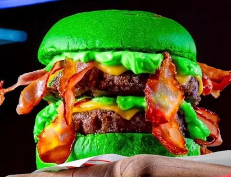 Burger duplo com pão verde, cheddar e bacon
