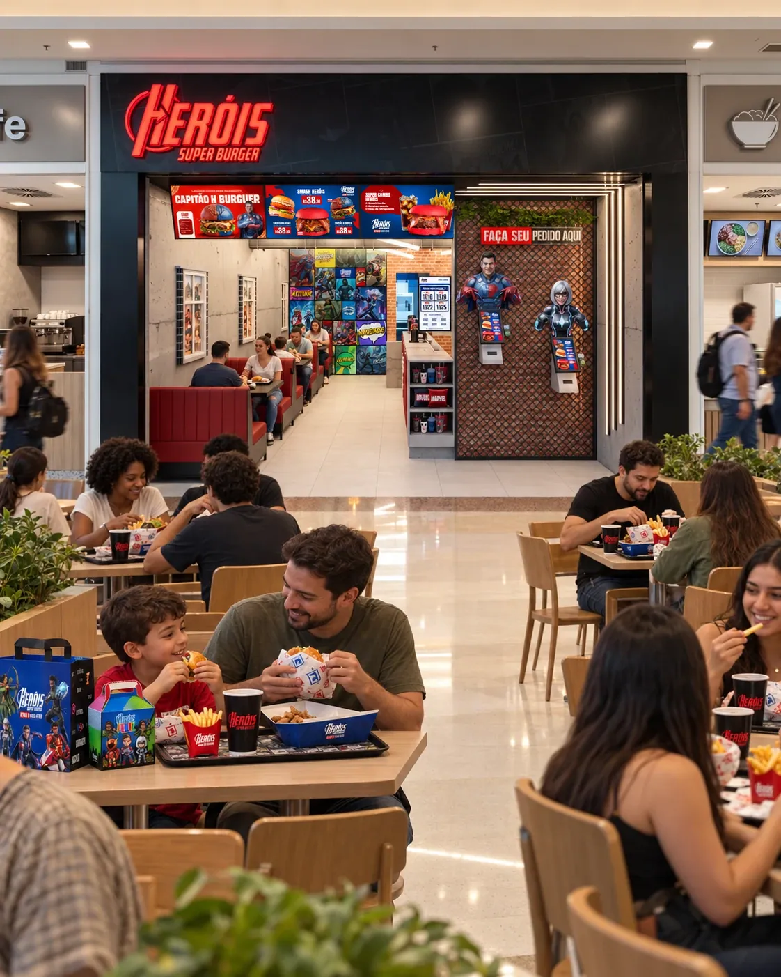 Famílias na praça de alimentação com sacola, copo, caixa e batata da Heróis nas mesas